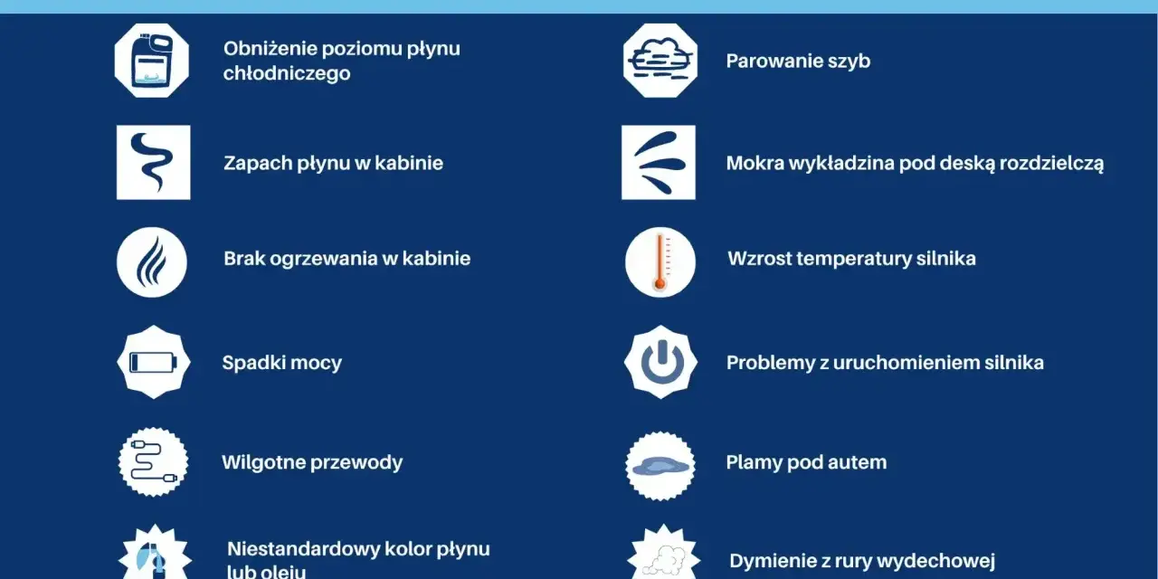 Objawy wycieku płynu chłodniczego: niski poziom, zapach w kabinie, parowanie szyb, wzrost temperatury silnika. Czy można jechać bez płynu chłodniczego? Nie.