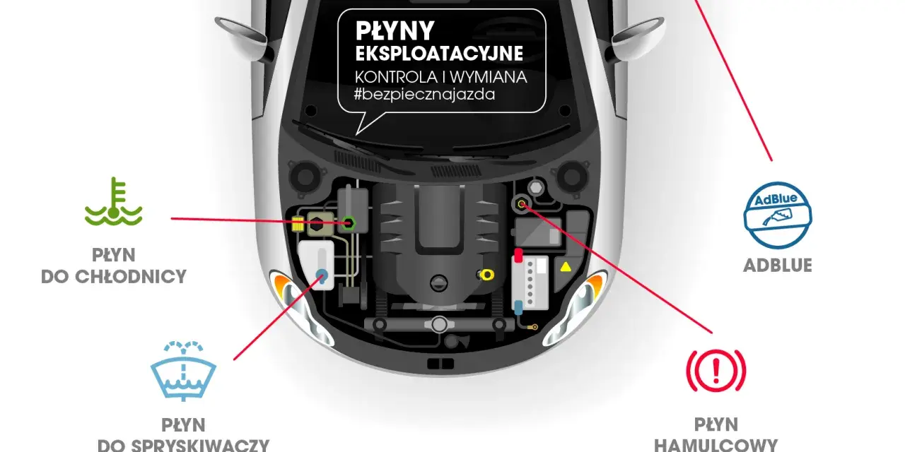 Schemat pod maską samochodu pokazuje lokalizację płynu chłodniczego, płynu do spryskiwaczy, AdBlue i płynu hamulcowego.