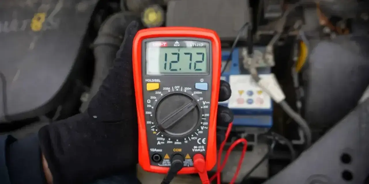 Multimetr pokazuje 12.72V, co może oznaczać, że akumulator nie trzyma napięcia. Sprawdzanie stanu baterii w samochodzie.