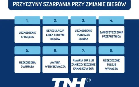 Przyczyny szarpania przy zmianie biegów: uszkodzenie sprzęgła, deregulacja linek, uszkodzone poduszki silnika, zanieczyszczona przepustnica, uszkodzona dwumasa, awaria wtryskiwacza, awaria EGR, uszkodzone tuleje wahacza.