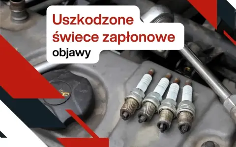 Cztery zużyte świece zapłonowe leżą na silniku. Tekst informuje o objawach uszkodzonej cewki zapłonowej.