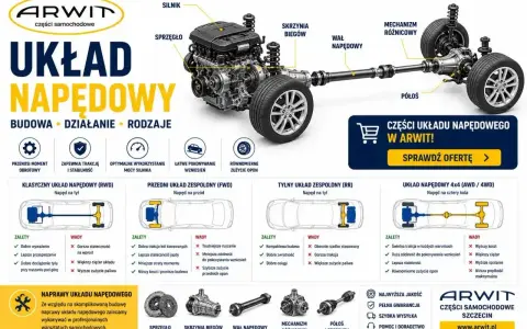 Schemat układu napędowego auta: silnik, skrzynia biegów, wał napędowy, mechanizm różnicowy, półosie.