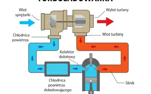 Schemat turbodoładowania: jak działa biturbo? Zobacz przepływ powietrza przez sprężarkę, chłodnicę i silnik.