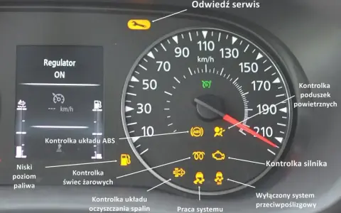 Migajaca kontrolka świec żarowych na desce rozdzielczej, obok wskaźnika prędkości i innych kontrolek.