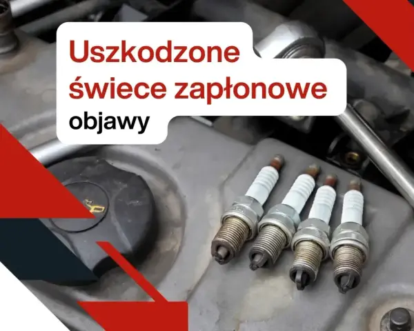 Cztery zużyte świece zapłonowe leżą na silniku. Tekst informuje o objawach uszkodzonej cewki zapłonowej.