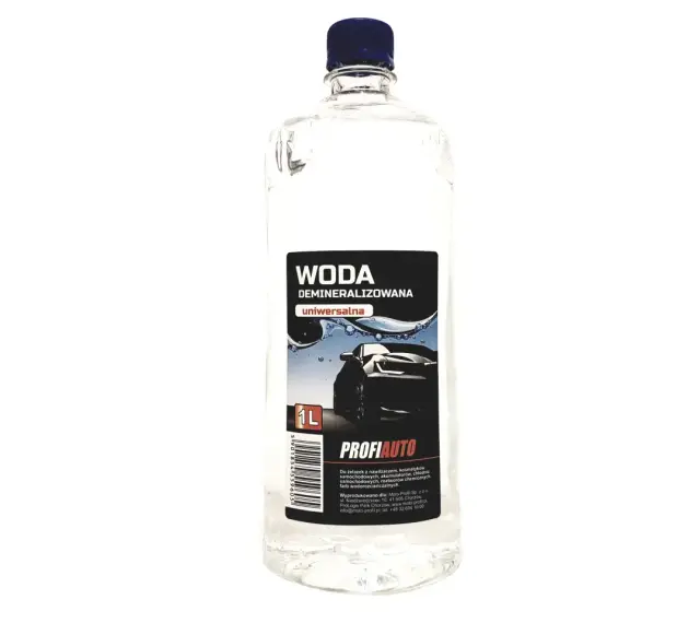 Butelka z wodą demineralizowaną, idealna do żelazek, kosmetyków samochodowych i innych zastosowań, gdzie woda destylowana a demineralizowana ma znaczenie.