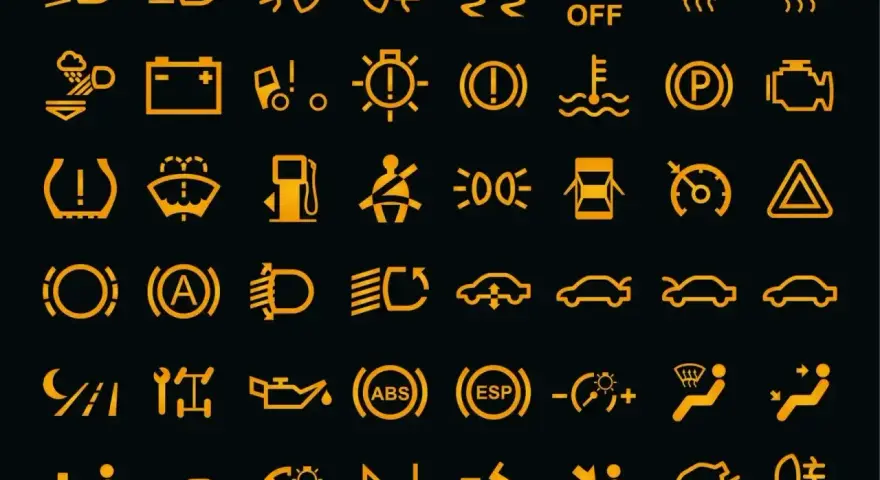 Żółta opis kontrolek na desce rozdzielczej: światła, hamulce, silnik, ciśnienie opon, ABS, ESP, klimatyzacja i inne.