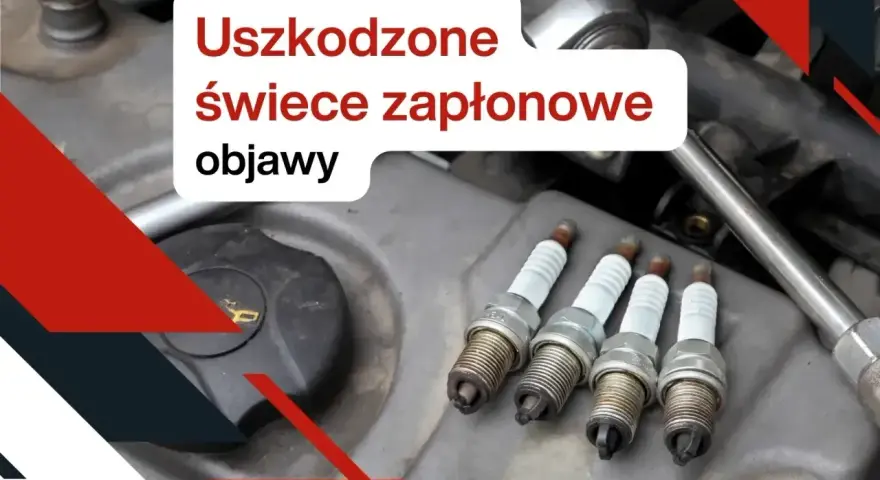 Cztery zużyte świece zapłonowe leżą na silniku. Tekst informuje o objawach uszkodzonej cewki zapłonowej.