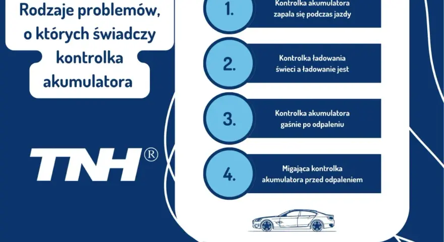 Rodzaje problemów, o których świadczy kontrolka akumulatora: zapala się podczas jazdy, świeci, gaśnie po odpaleniu, miga przed odpaleniem.