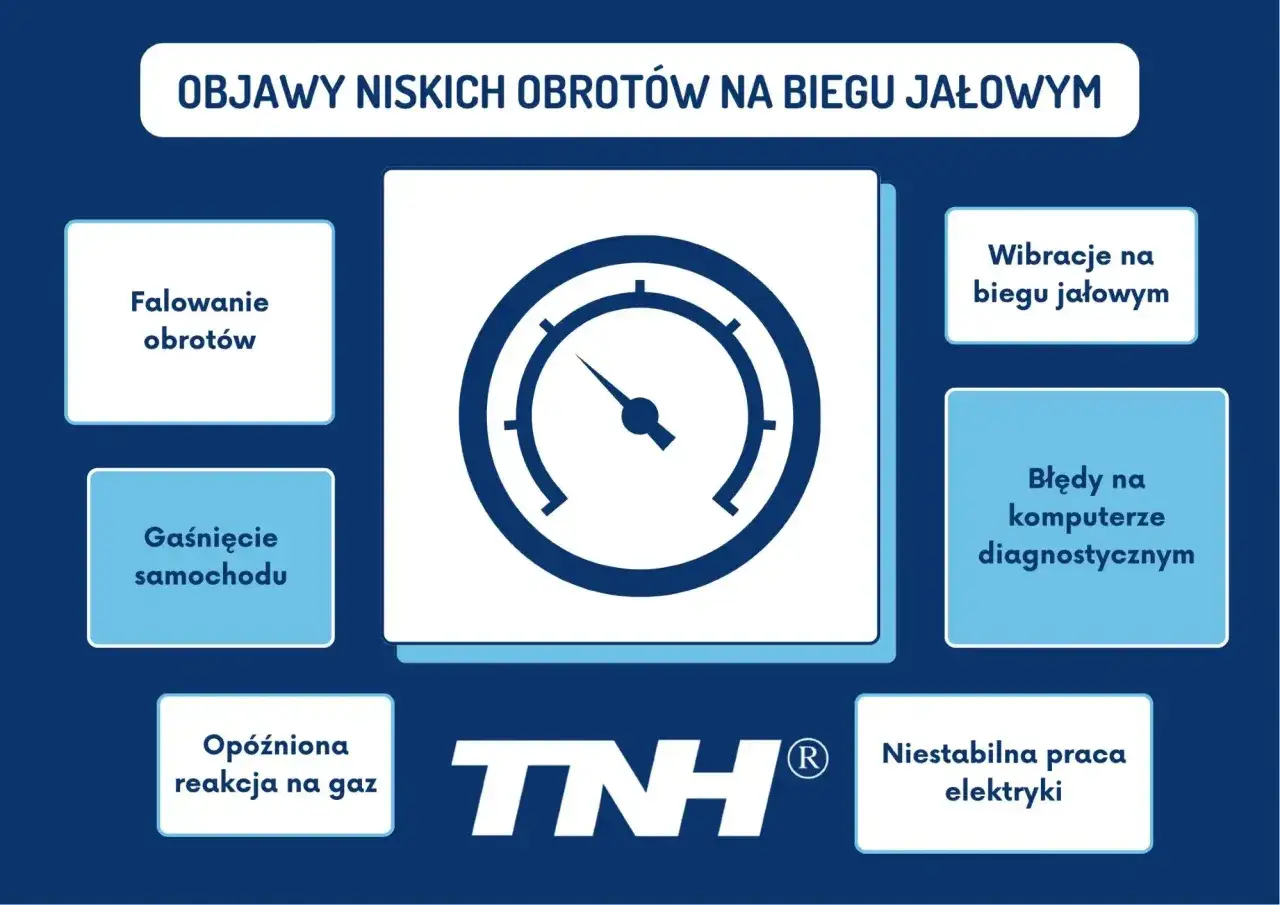 Objawy niskich obrot&oacute;w na biegu jałowym: falowanie, gaśnięcie, op&oacute;źniona reakcja na gaz, wibracje, błędy diagnostyczne, niestabilna praca elektryki.
