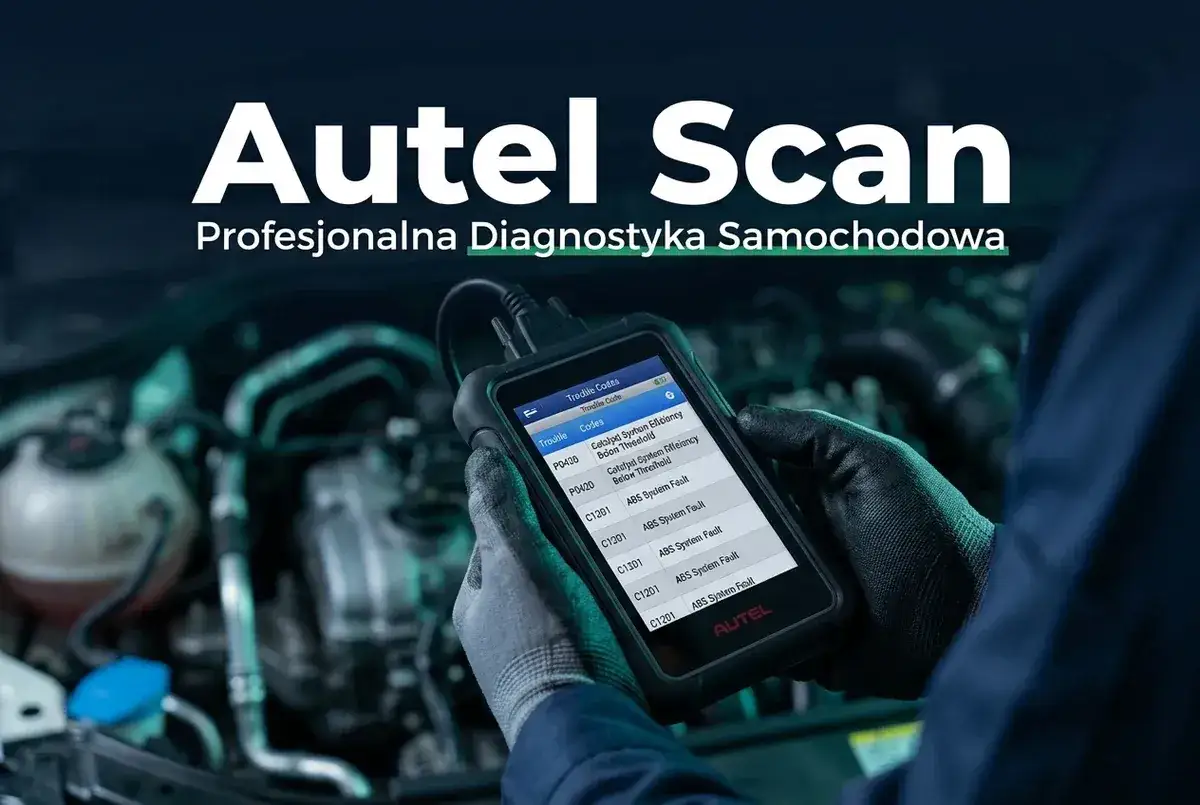 Mechanik w rękawiczkach trzyma skaner diagnostyczny Autel Scan, kt&oacute;ry wyświetla listę kod&oacute;w błęd&oacute;w, np. 