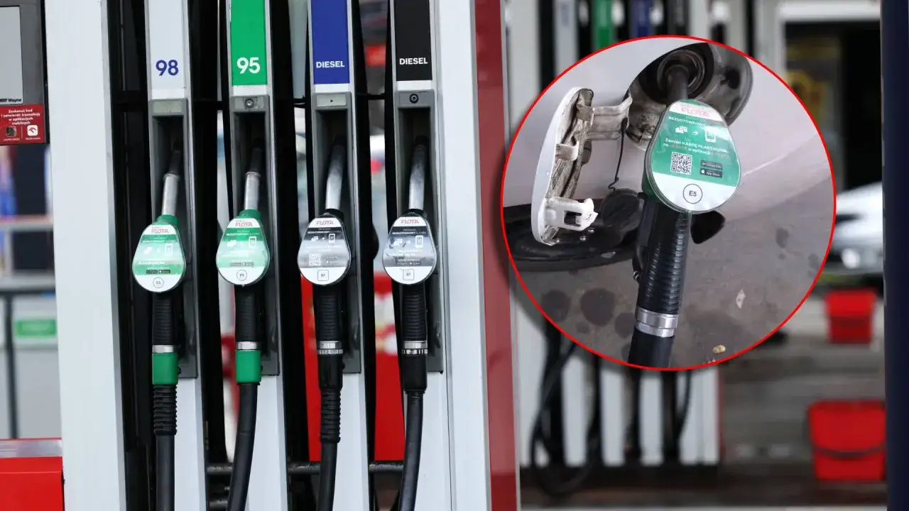 Dystrybutory paliwa z oznaczeniami 98, 95, Diesel. W powiększeniu widać tankowanie samochodu paliwem E5, czyli benzyną E10.